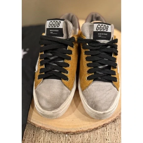 Golden Goose Two-Tone May Shoes Women's 5 Mustard Suede Sneakers & Zipper Case - Picture 8 of 16